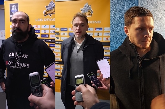 Photo hockey Rouen vs Amiens M2 - ITW M. Richer - F. Lhenry et A. Lindelöf - Ligue Magnus Photo hockey Rouen vs Amiens M2 - ITW M. Richer - F. Lhenry et A. Lindelöf - Ligue Magnus