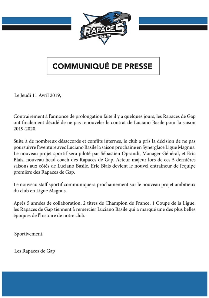 Photo hockey Gap : Luciano Basile non renouvel - Ligue Magnus : Gap  (Les Rapaces)