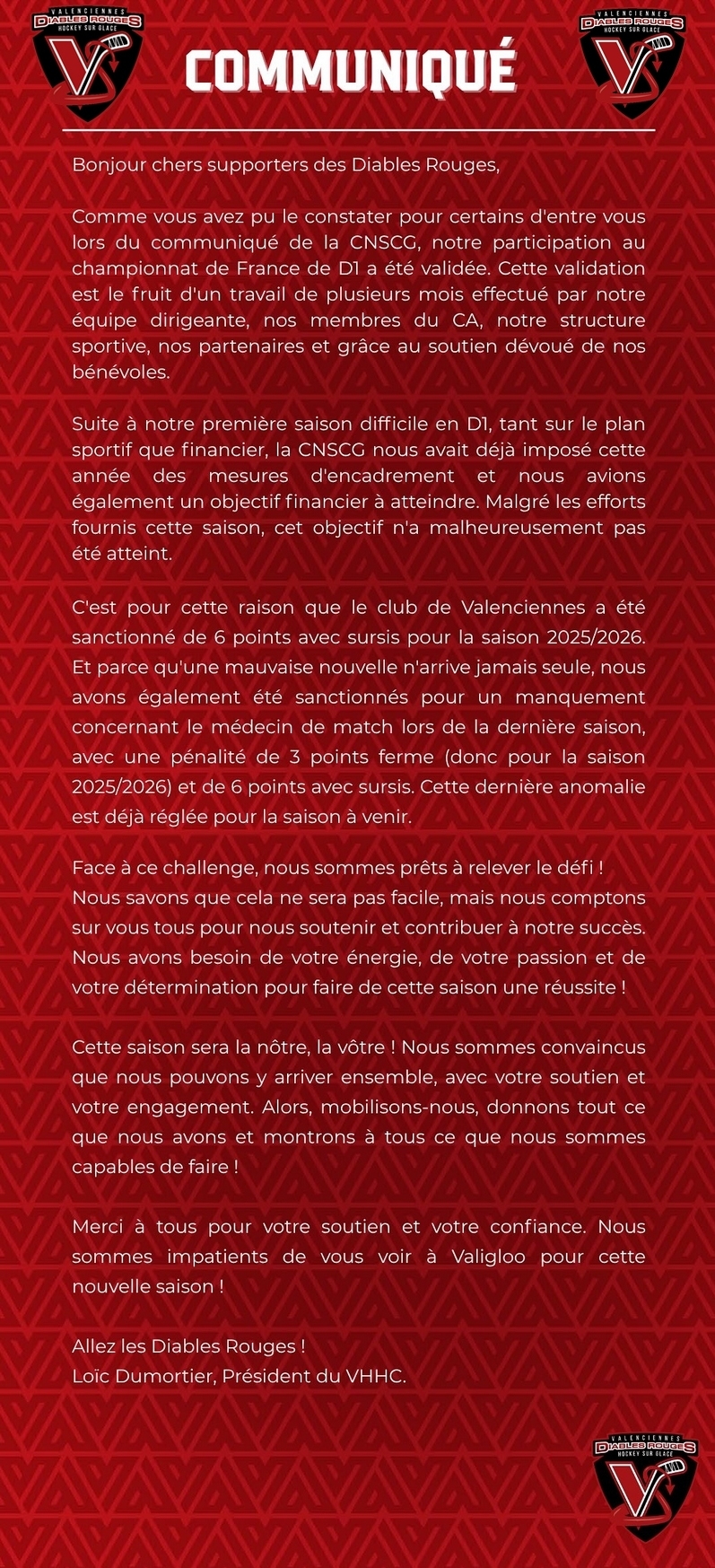 Photo hockey VALIDATION - Communiqu de VALENCIENNES - Division 1 : Valenciennes (Les Diables Rouges)
