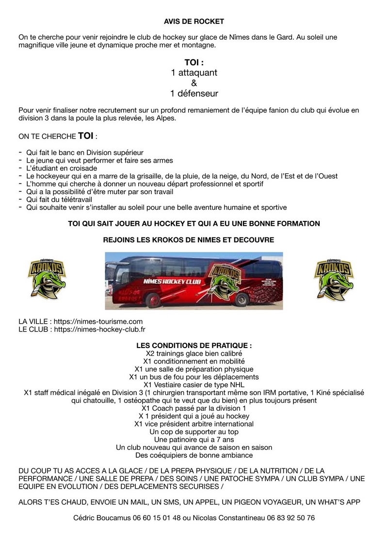 Photo hockey D3 Nîmes recherche 1 attaquant et 1 défenseur ! - Division 3 : Nimes (Les Krokos)