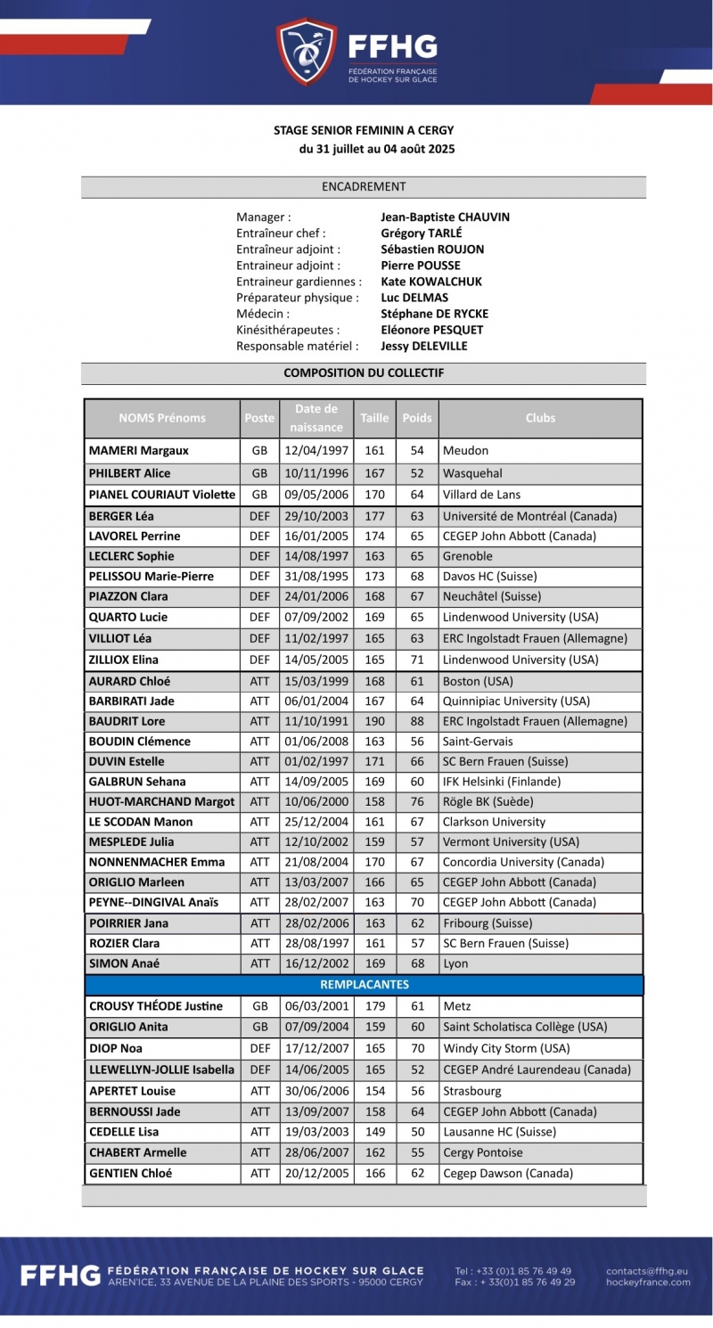 Photo hockey EDF Féminine - Les convocations 31/07 au 4/08/2025 à Cergy - Equipes de France