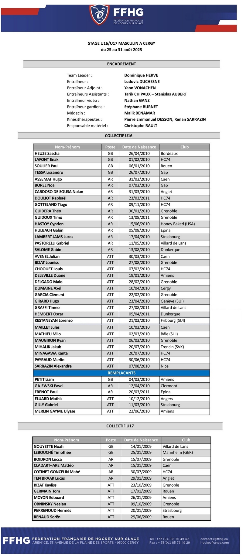 Photo hockey EDF U16/U17 - Les convocations Août 2025 à Cergy - Equipes de France